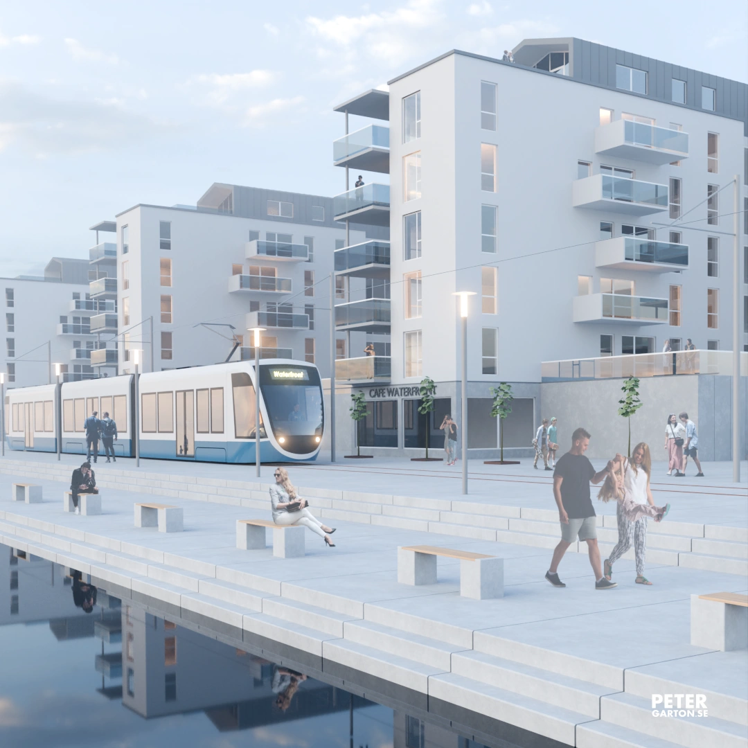 3D visualisering stadsbyggnad Waterfront ny stadsdel med bostäder och butiker längs tidigare hamn